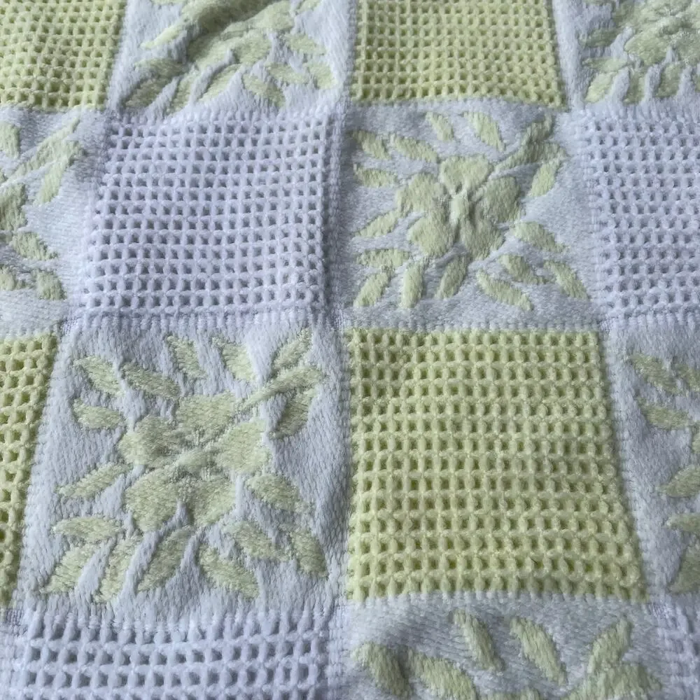 Vintage Waffle Baby Blanket with Fringe Floral Yellow White Square Spain 1980s